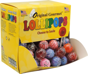 Box that reads Original Gourmet Lollipops Choose to Smile, open and visibly full of a variety of lollipops
