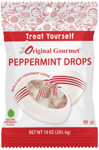 A bag of candy that reads treat yourself original gourmet peppermint drops with a soft peppermint center. Natural peppermint flavor. GMO free. Net Wt 10 oz (283.4g)