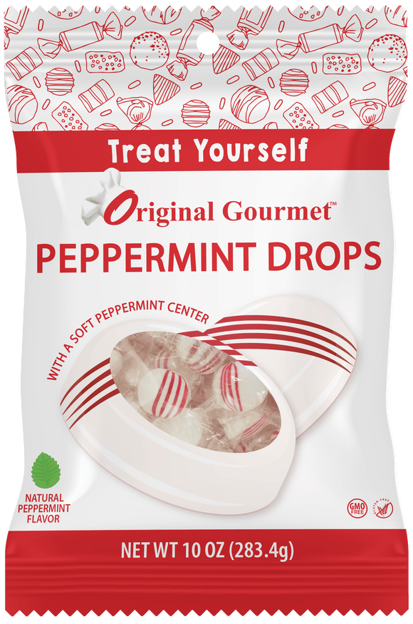 A bag of candy that reads treat yourself original gourmet peppermint drops with a soft peppermint center. Natural peppermint flavor. GMO free. Net Wt 10 oz (283.4g)