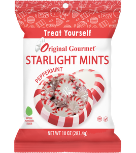 Bag of candy that reads Original Gourmet Starlight Mints with a natural peppermint flavor. Net WT 10 OZ (283.4g) GMO FREE Gluten free.